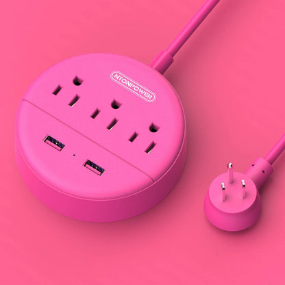 Pink Extension Cord 10 Ft,  Long Cord Power Strip Flat Plug, 3 Outlets 2 USB Desktop Charging Station Wall Mount, Compact for Home, Dorm Room, Office and Cruise Ship Nightstand