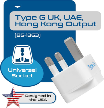 UK, Hong Kong, Ireland, UAE Travel Plug Adapter (Type G) - 3 Pack [Grounded & Universal] (GP-7-3PK), White, Standard