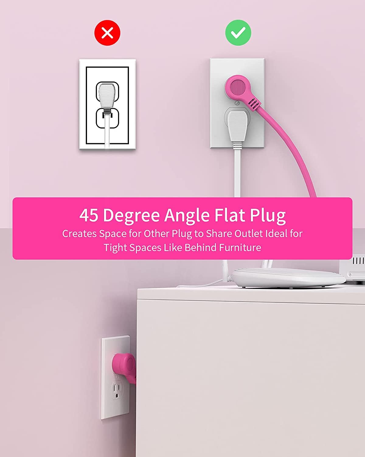 Pink Extension Cord 10 Ft,  Long Cord Power Strip Flat Plug, 3 Outlets 2 USB Desktop Charging Station Wall Mount, Compact for Home, Dorm Room, Office and Cruise Ship Nightstand