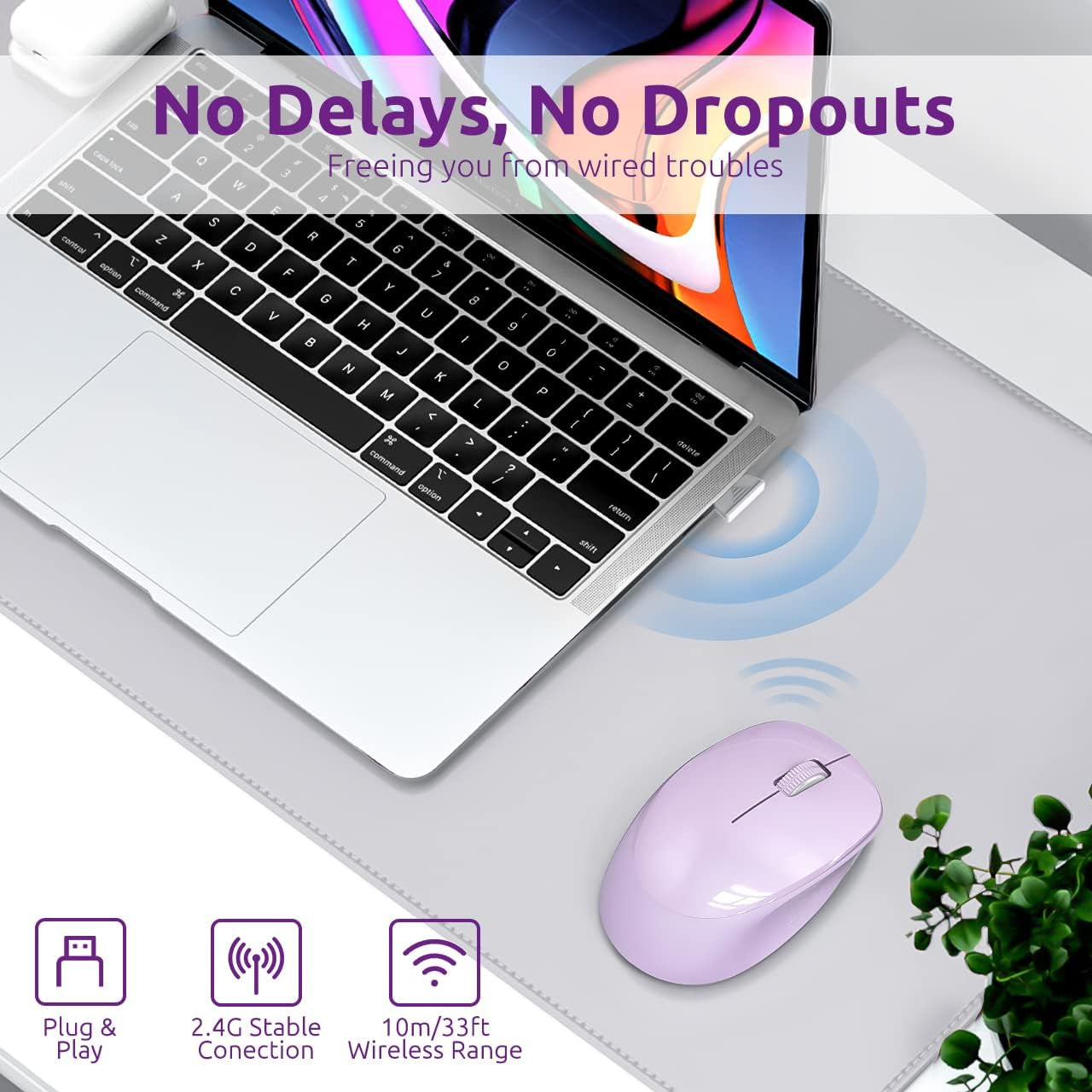 Wireless Mouse E702 2.4Ghz Portable Computer Mouse with USB Receiver, Comfortable Silent Mice for Laptop, Chromebook, PC, Notebook, Desktop, Windows, Mac (Purple)